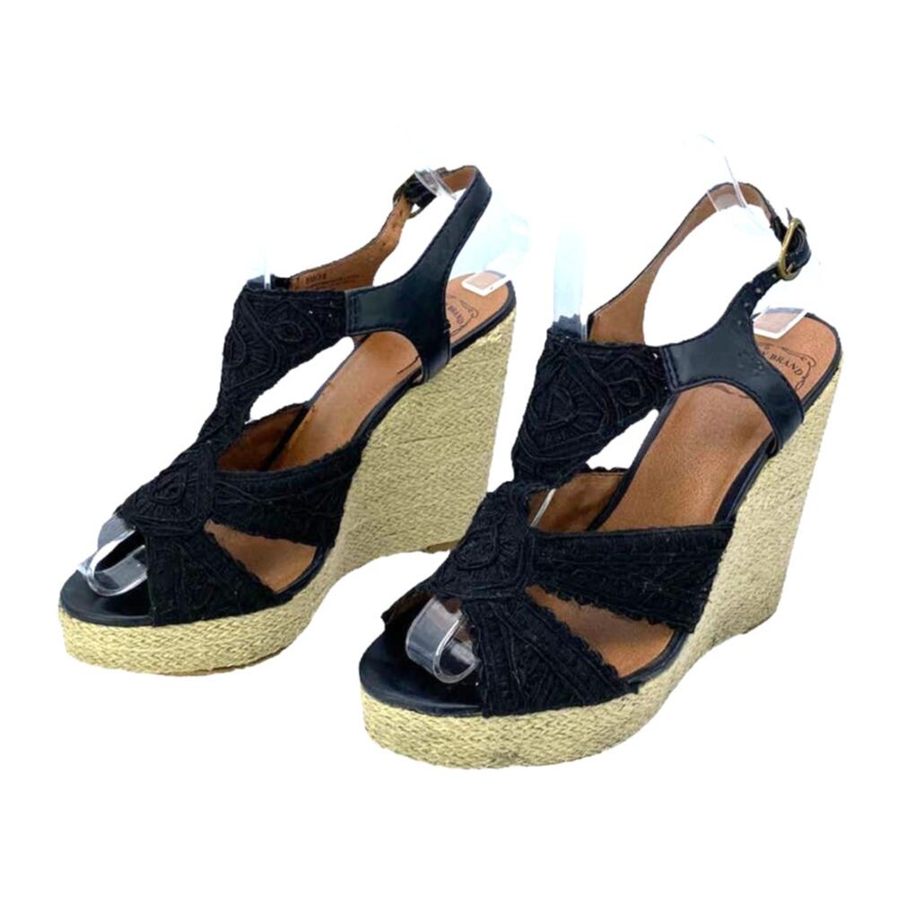Lucky Brand Ridgeview Rita Black Macrame Lace Platform Wedge Sandals 8M Box